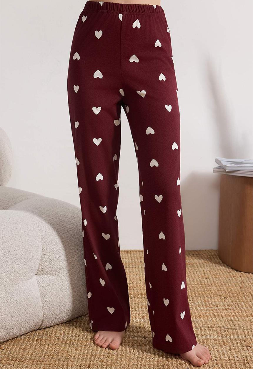 Trendyol - Heart Patterned Knitted Pajamas Set - Burgundy