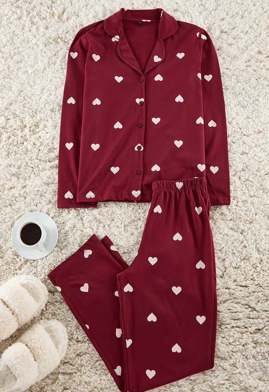 Trendyol - Heart Patterned Knitted Pajamas Set - Burgundy