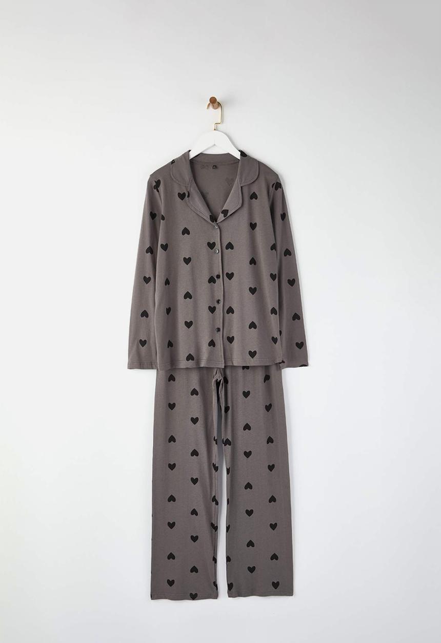Trendyol - Heart Patterned Knitted Pajamas Set - Gray