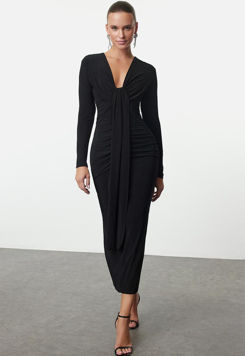 Trendyol - Bodycon V-Neck Knitted Dress - Black