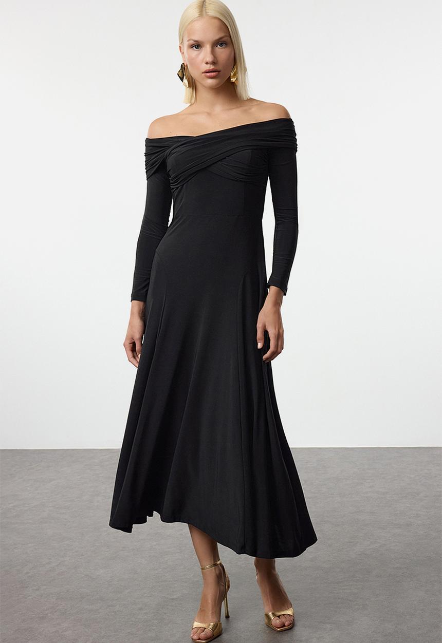 Trendyol - A-Line Knitted Evening Dress - Black