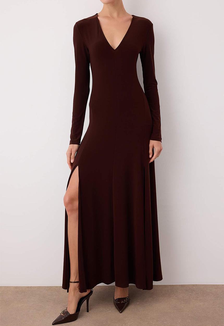 Trendyol - V-Neck Maxi Knitted Dress - Brown