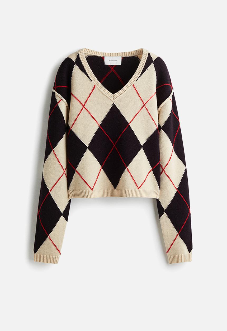 H&M - Jacquard-knit wool jumper - light beige argyle pattern