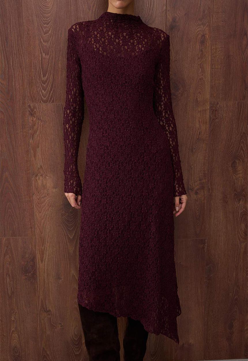Trendyol - Asymmetrical Bodycon Maxi Knitted Lace Dress - Plum
