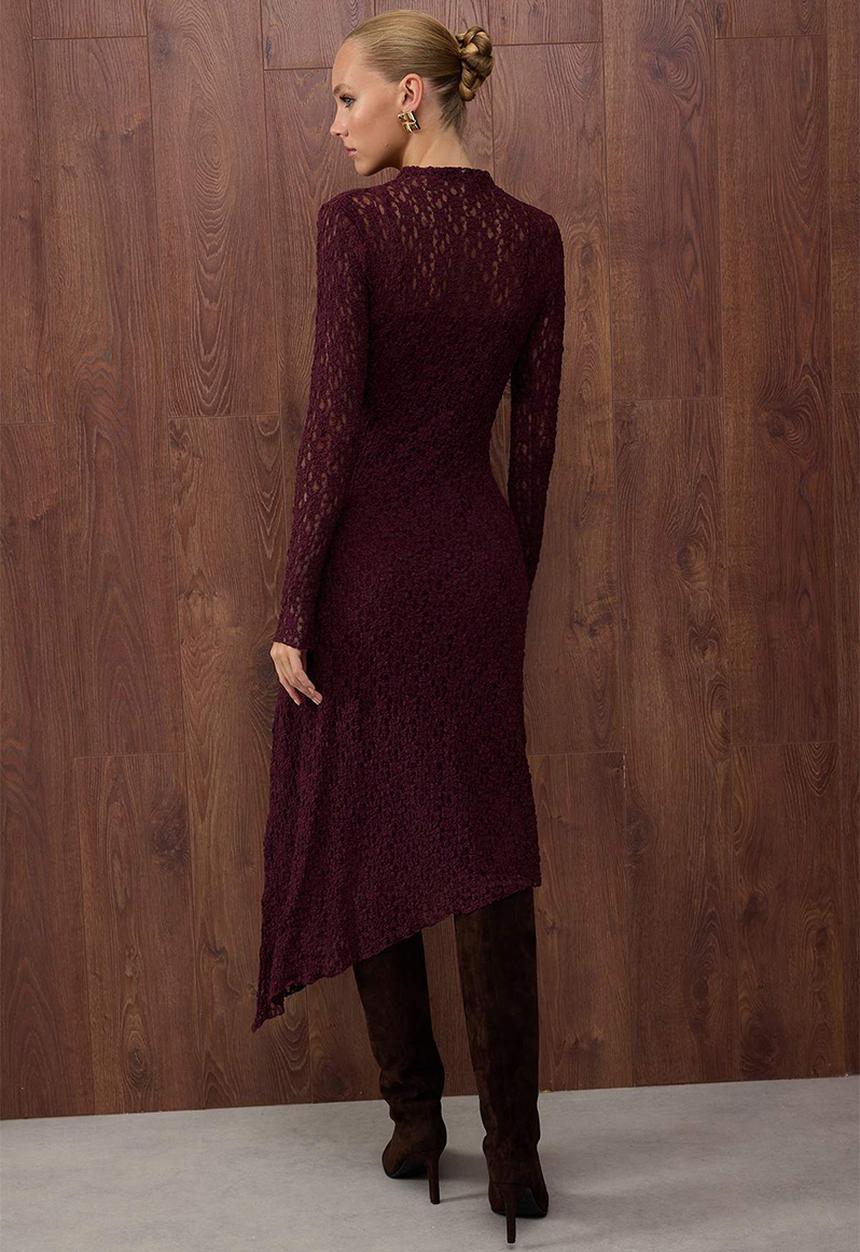 Trendyol - Asymmetrical Bodycon Maxi Knitted Lace Dress - Plum