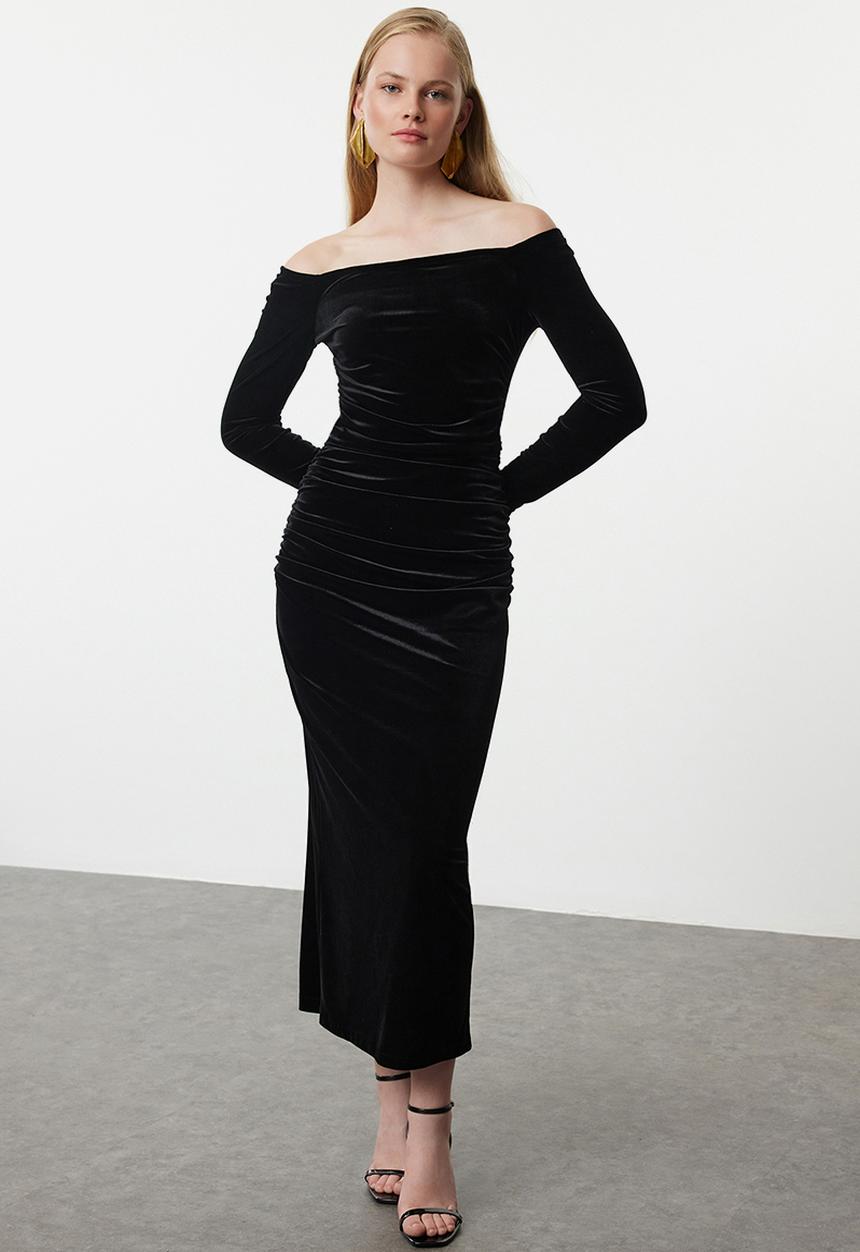 Trendyol - Bodycon Knitted Velvet Midi Evening Dress Night - Black