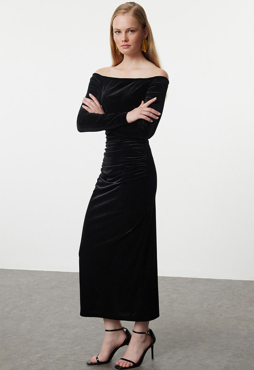 Trendyol - Bodycon Knitted Velvet Midi Evening Dress Night - Black