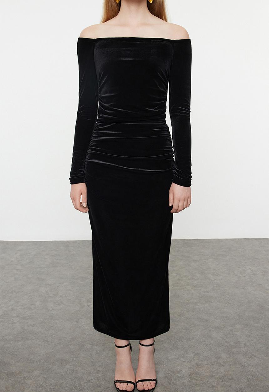 Trendyol - Bodycon Knitted Velvet Midi Evening Dress Night - Black