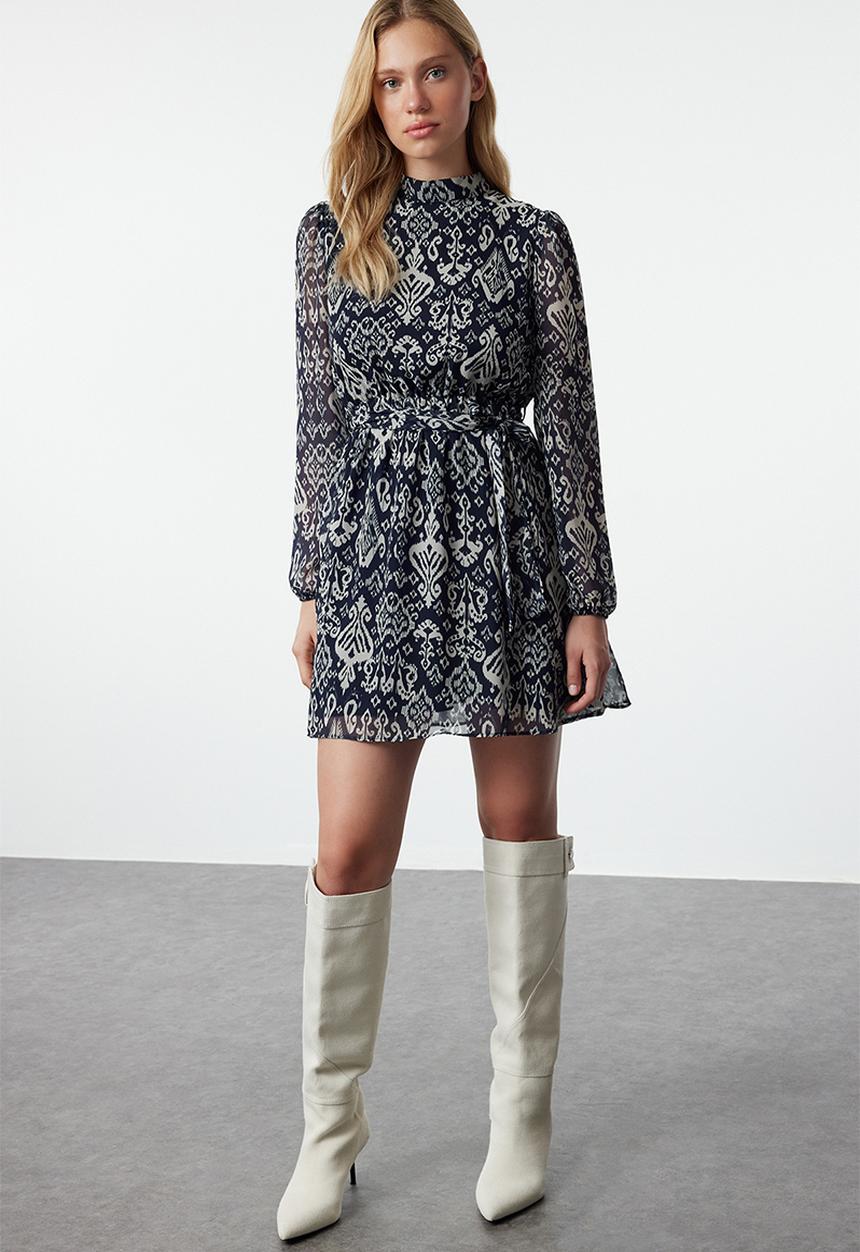 Trendyol - Belted Skirt Flounced Boho Lined Chiffon Mini Woven Dress - Navy Blue