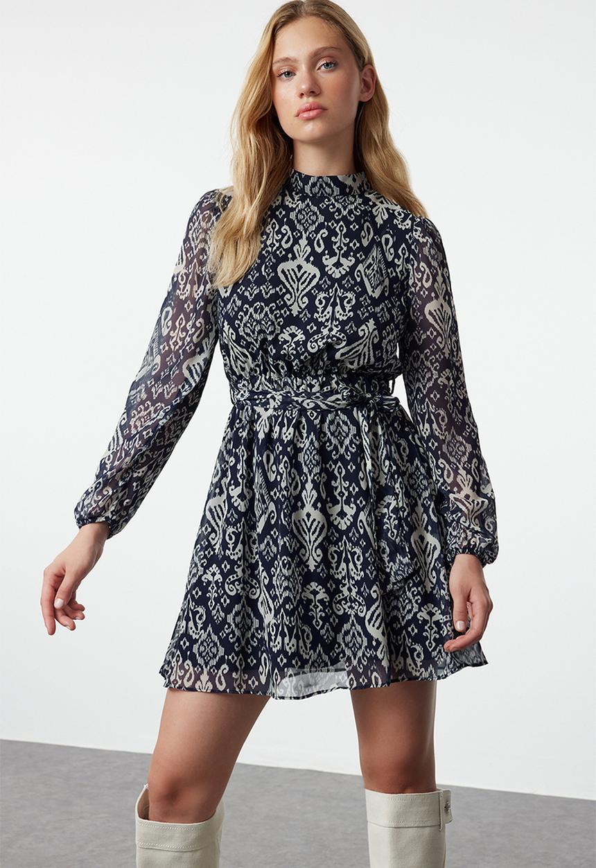 Trendyol - Belted Skirt Flounced Boho Lined Chiffon Mini Woven Dress - Navy Blue