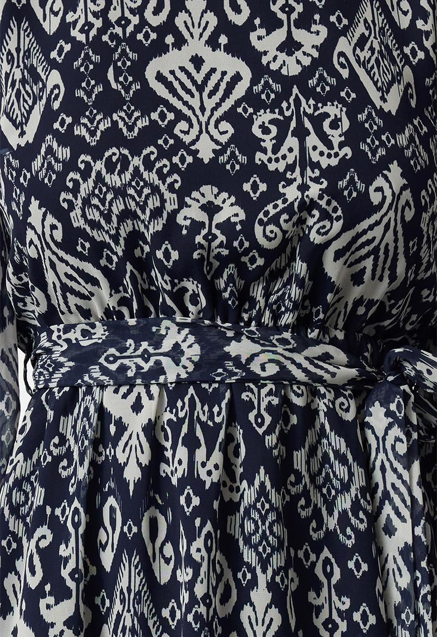 Trendyol - Belted Skirt Flounced Boho Lined Chiffon Mini Woven Dress - Navy Blue