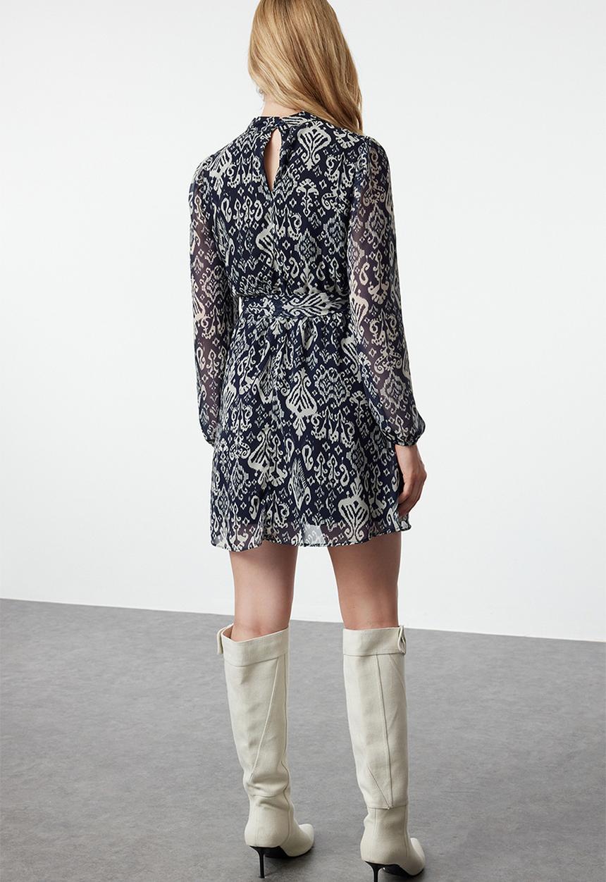 Trendyol - Belted Skirt Flounced Boho Lined Chiffon Mini Woven Dress - Navy Blue