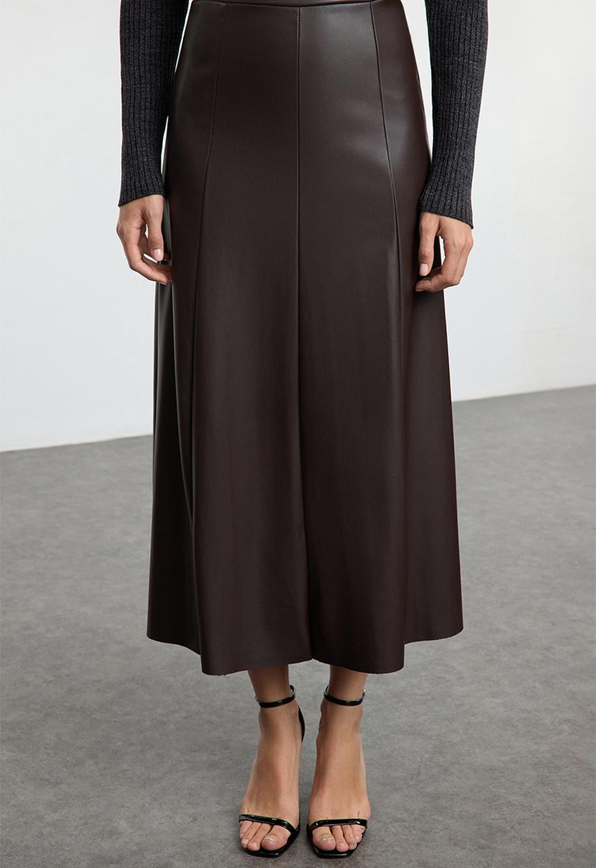 Trendyol - High Waist Faux Leather Maxi Skirt - Dark Brown