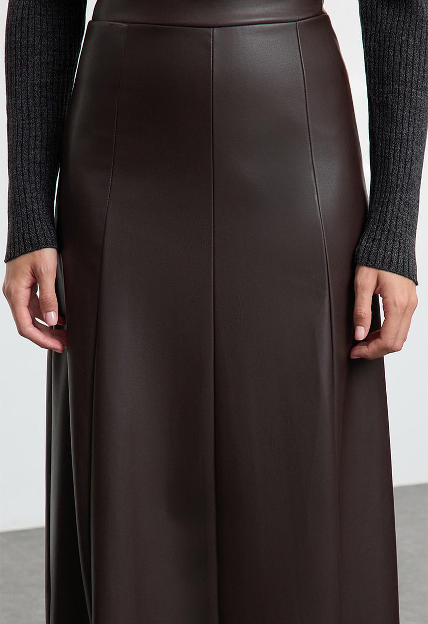 Trendyol - High Waist Faux Leather Maxi Skirt - Dark Brown
