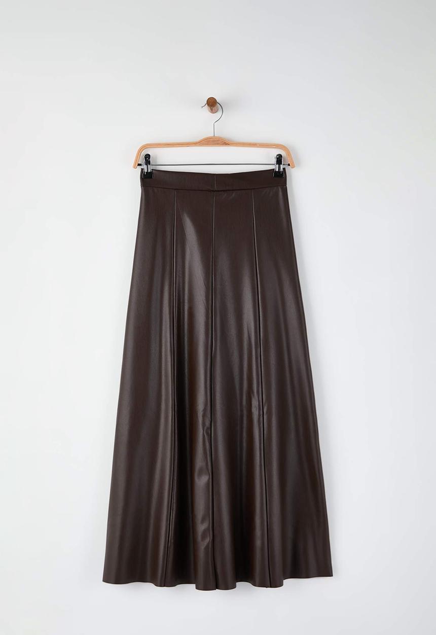 Trendyol - High Waist Faux Leather Maxi Skirt - Dark Brown