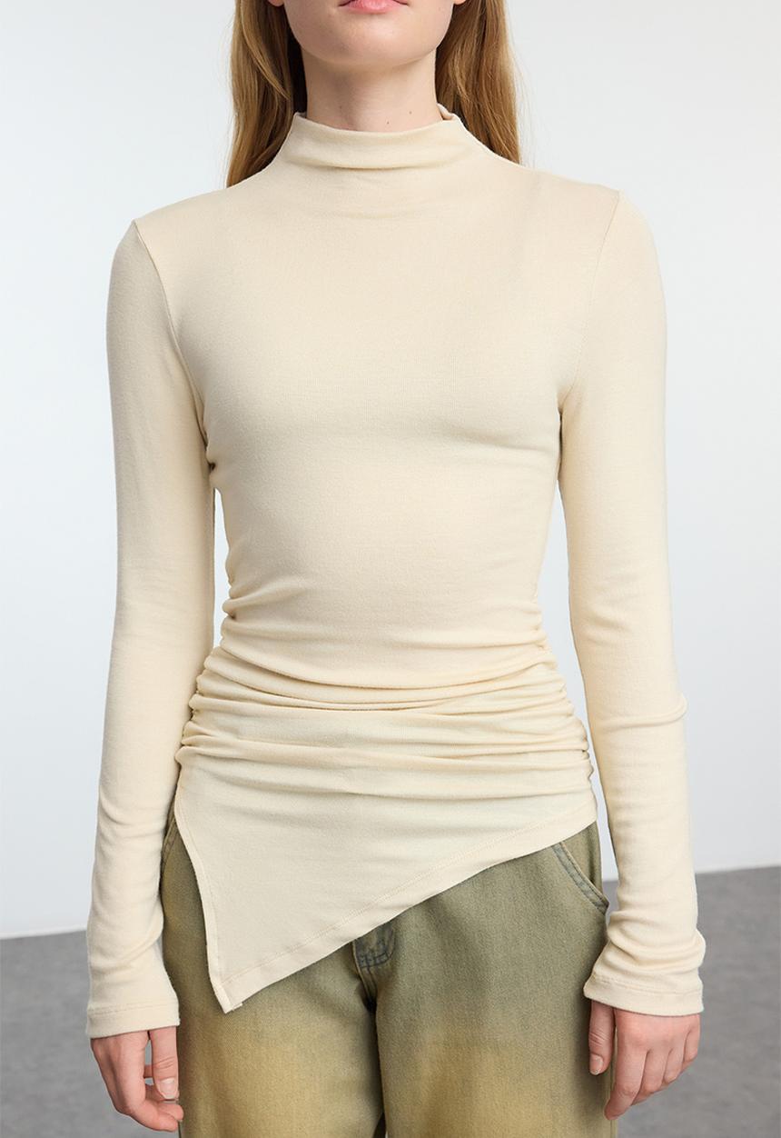 Trendyol - Stand Collar Fitted Knitted Blouse Drape Detailed - Stone