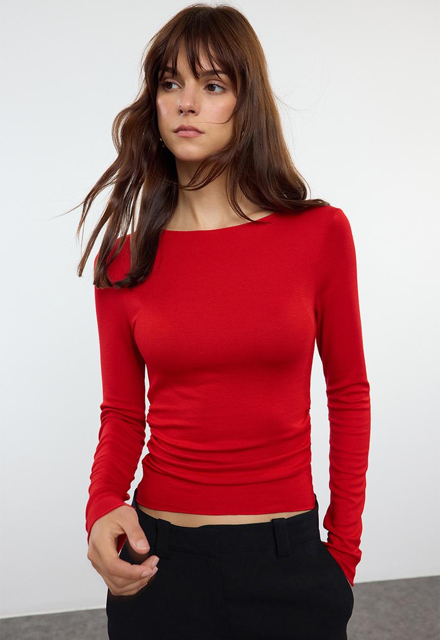Boat Neck Stretchy Blouse Draped Detail Fitted Drawstring - Red