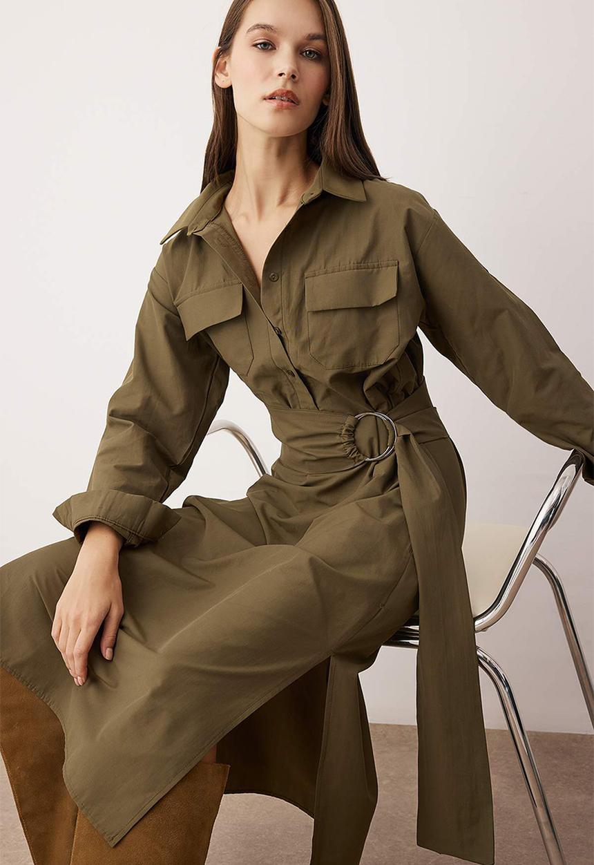 Trendyol - Belted A-Line Midi Woven Dress - Khaki