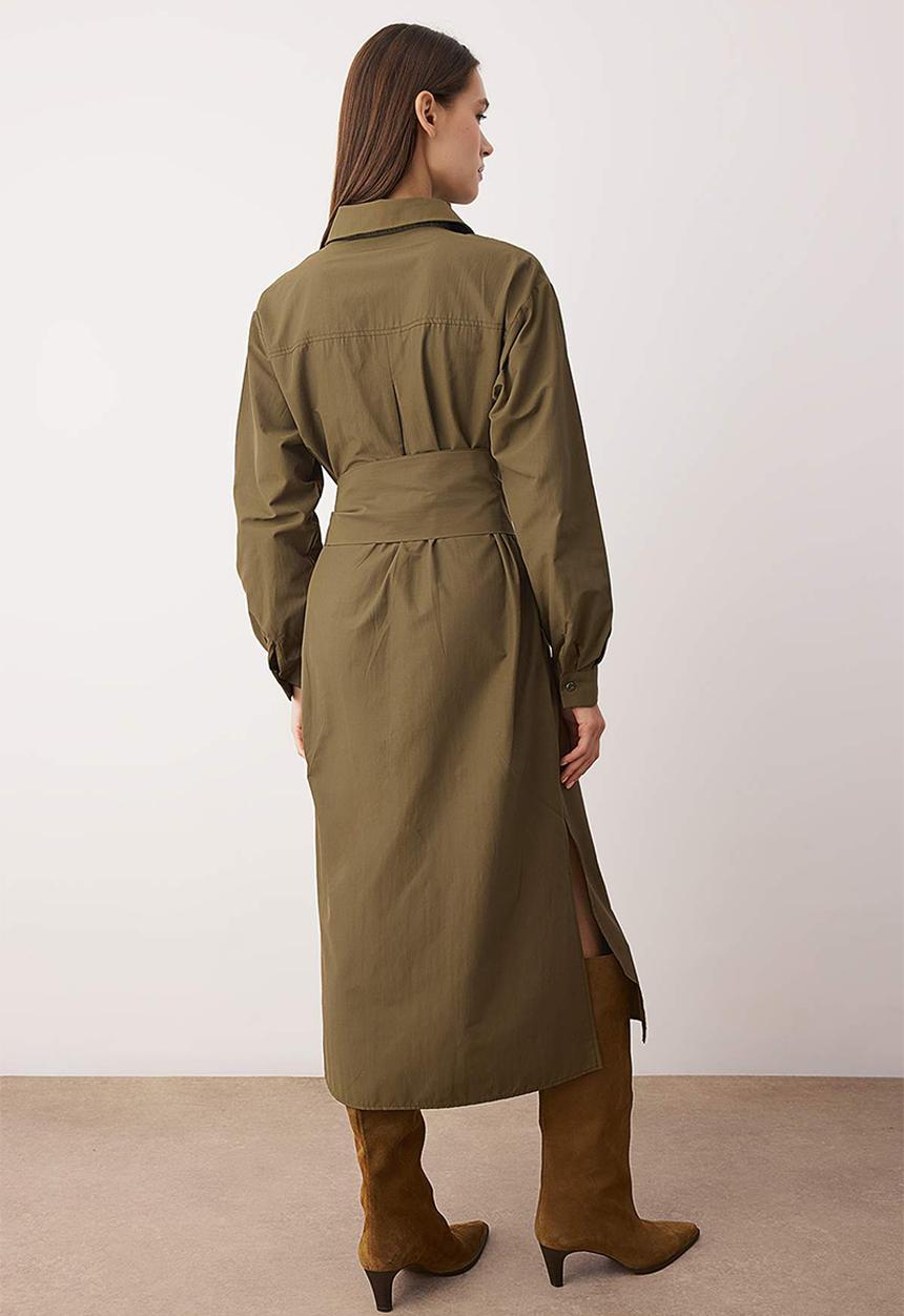 Trendyol - Belted A-Line Midi Woven Dress - Khaki