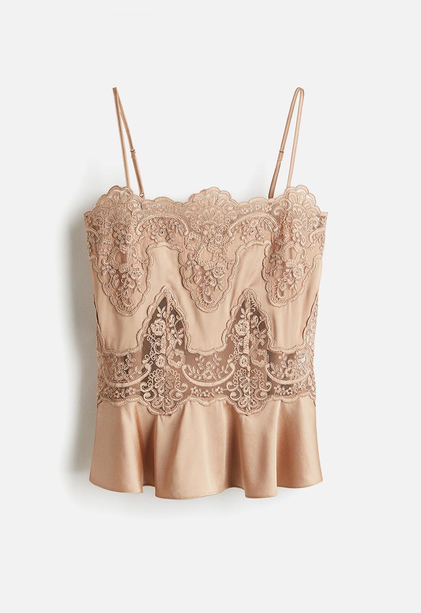 H&M - Lace-inset satin strappy top - beige