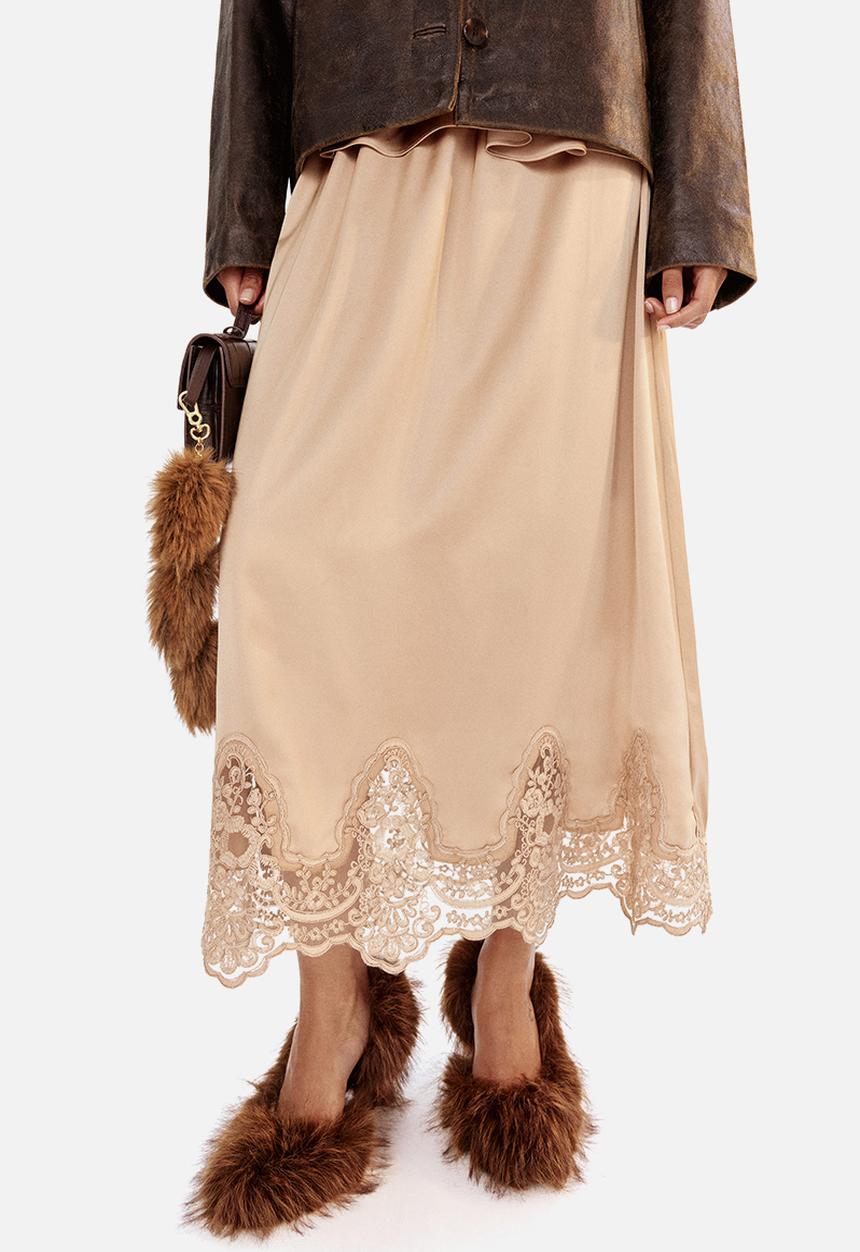 H&M - Lace-trimmed satin skirt - beige