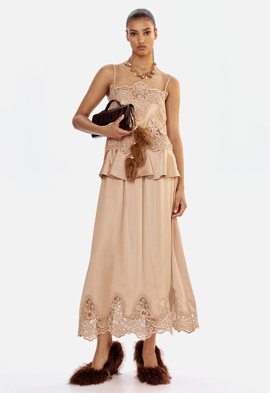 H&M - Lace-trimmed satin skirt - beige