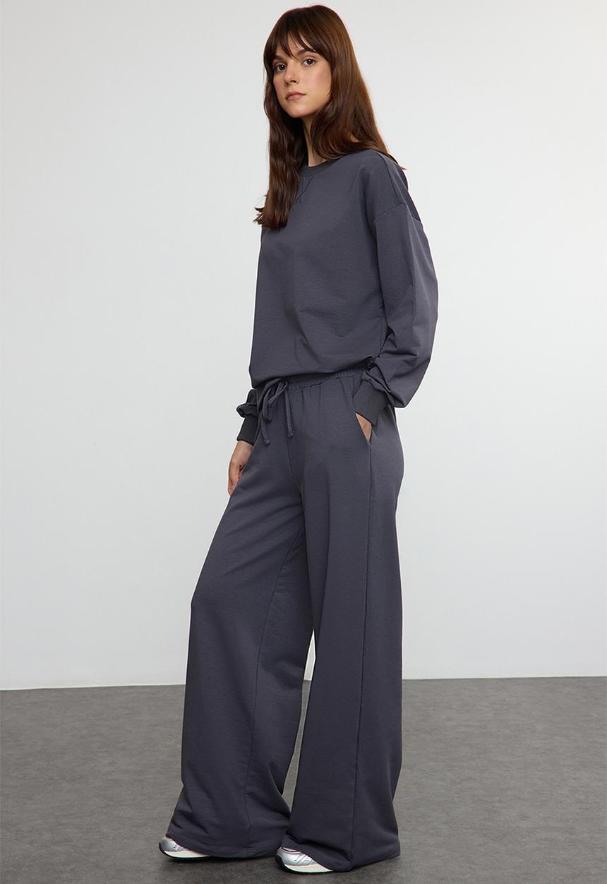 Trendyol - Wide Leg Sweatshirt and Bottom Tracksuit Set - Anthracite