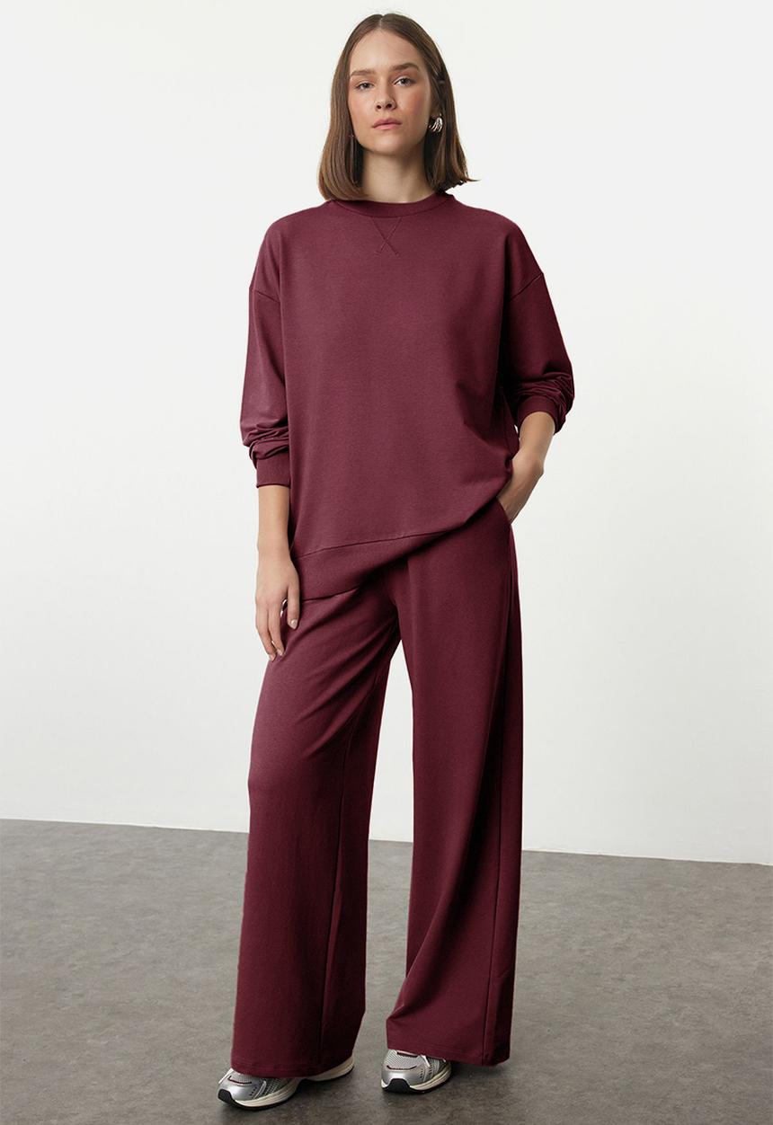 Trendyol - Wide Leg Knitted Sweatshirt and Sweatpants Set - Burgundy