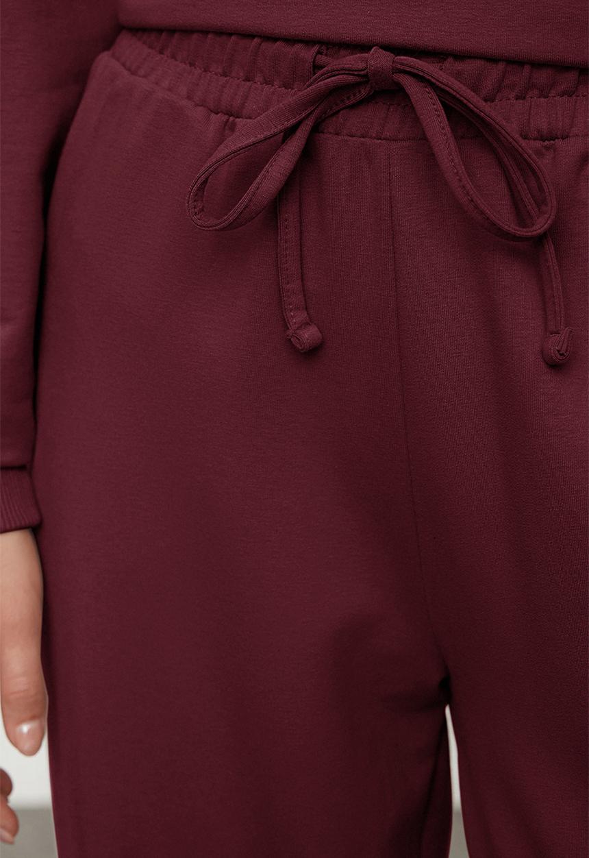 Trendyol - Wide Leg Knitted Sweatshirt and Sweatpants Set - Burgundy