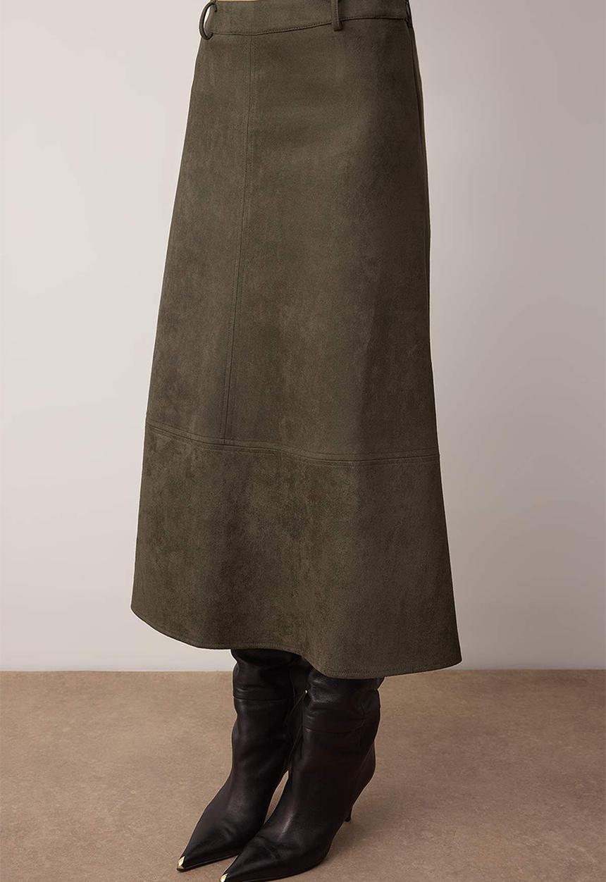 Trendyol - A-Line Midi Knitted Suede Skirt - Khaki