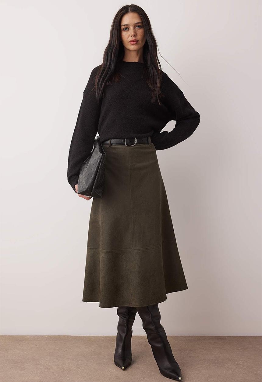 Trendyol - A-Line Midi Knitted Suede Skirt - Khaki