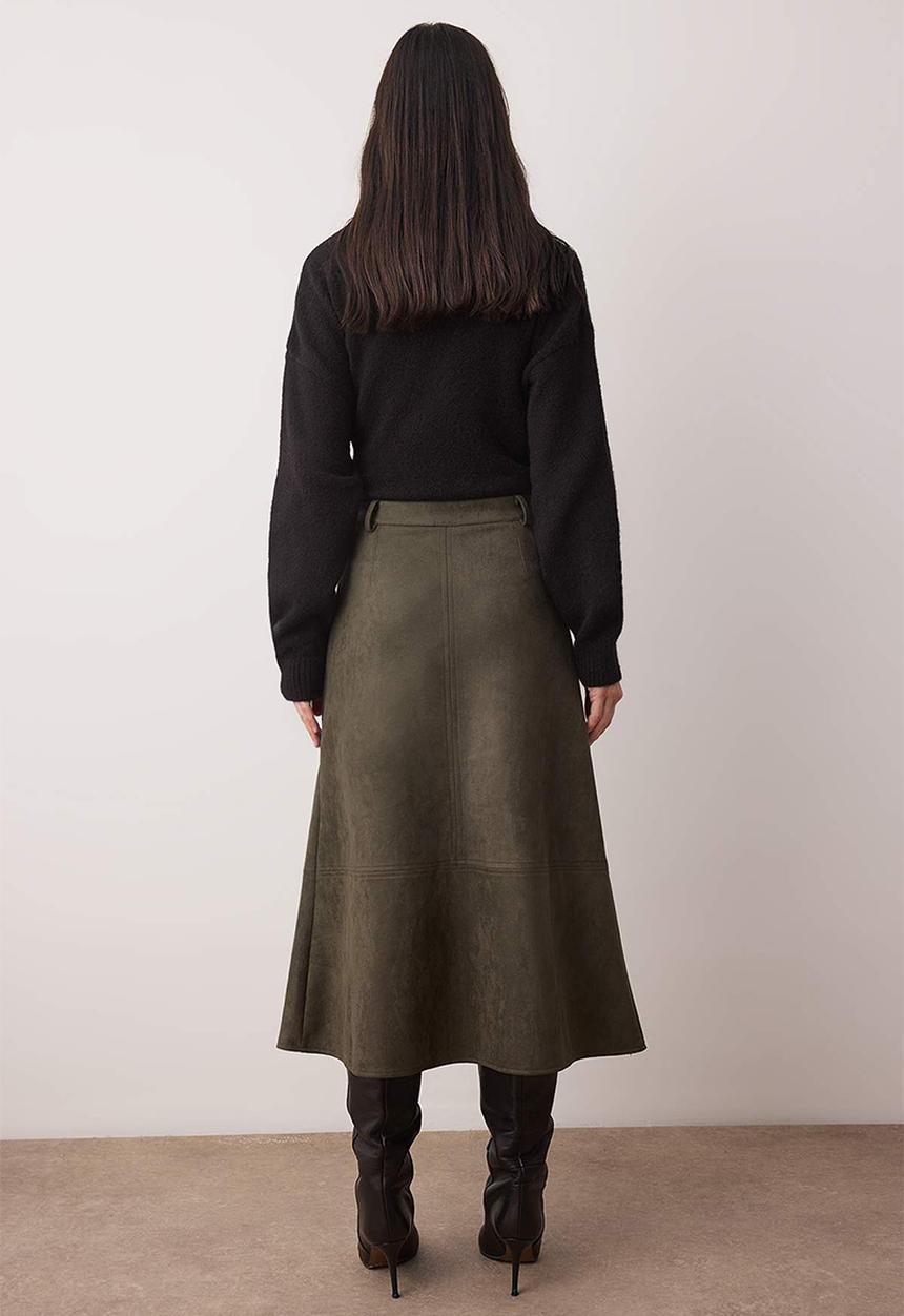 Trendyol - A-Line Midi Knitted Suede Skirt - Khaki