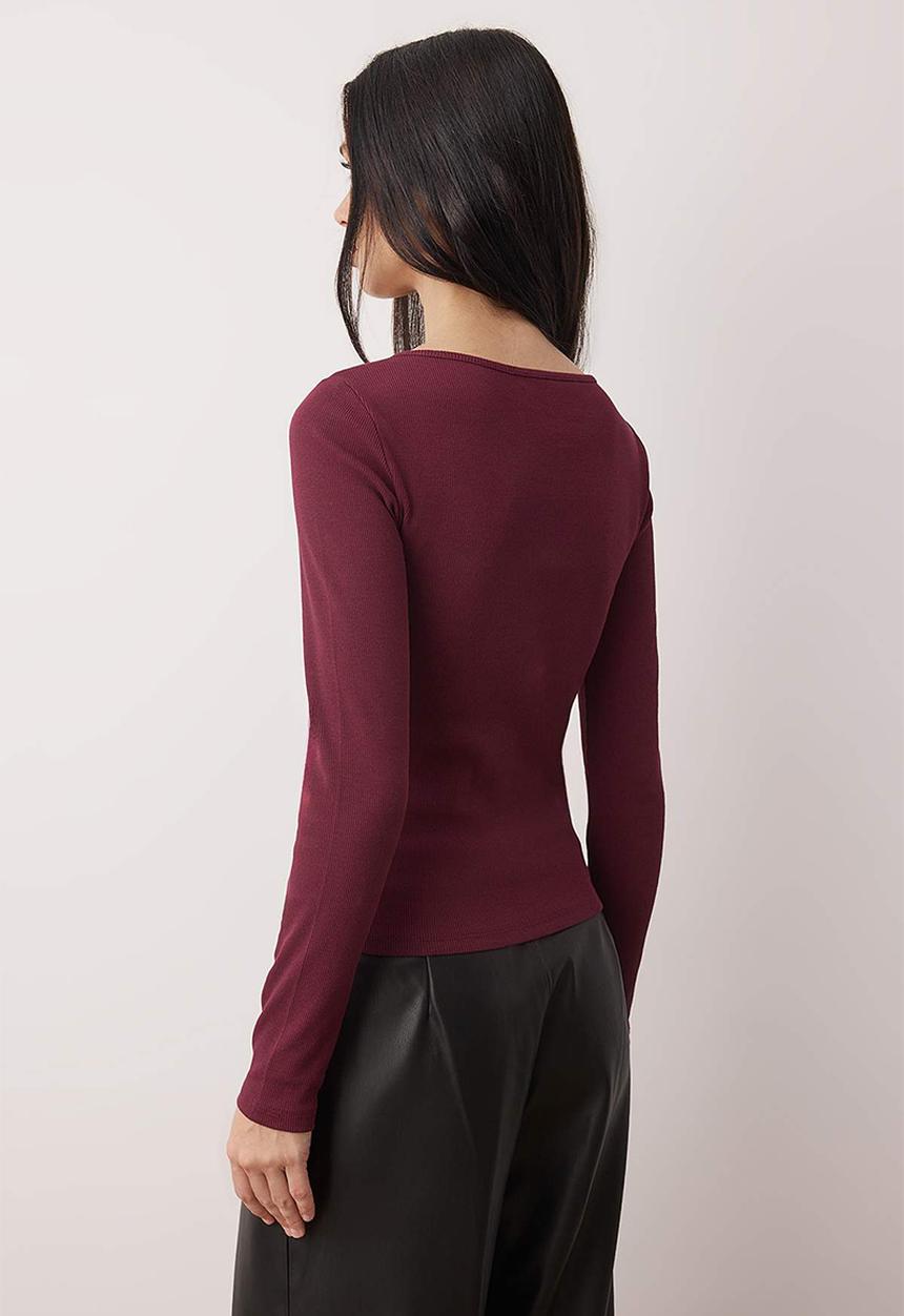 Trendyol - Button Detailed Crew Neck Ribbed Stretchy Regular Length Knitted Blouse - Plum