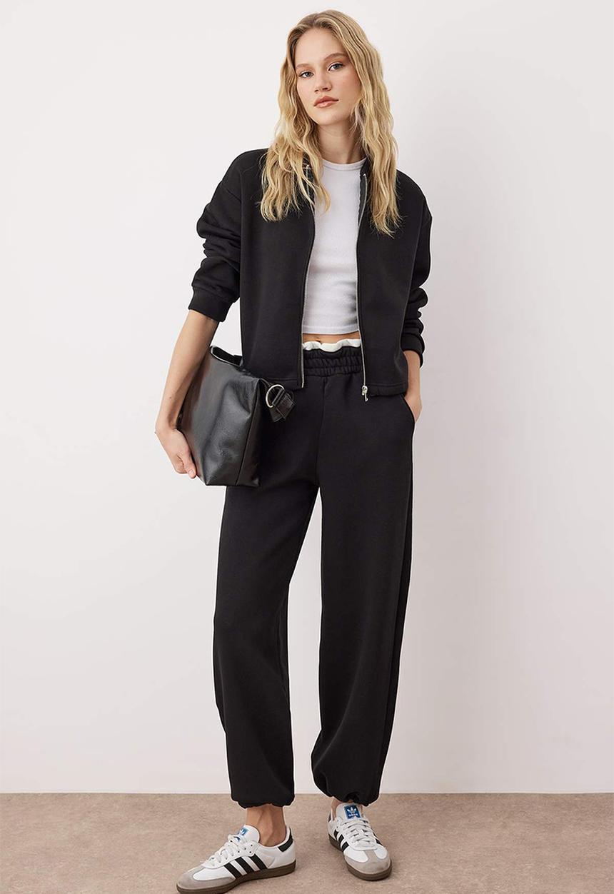 Trendyol - Waist Detailed Knitted Tracksuit Set - Black