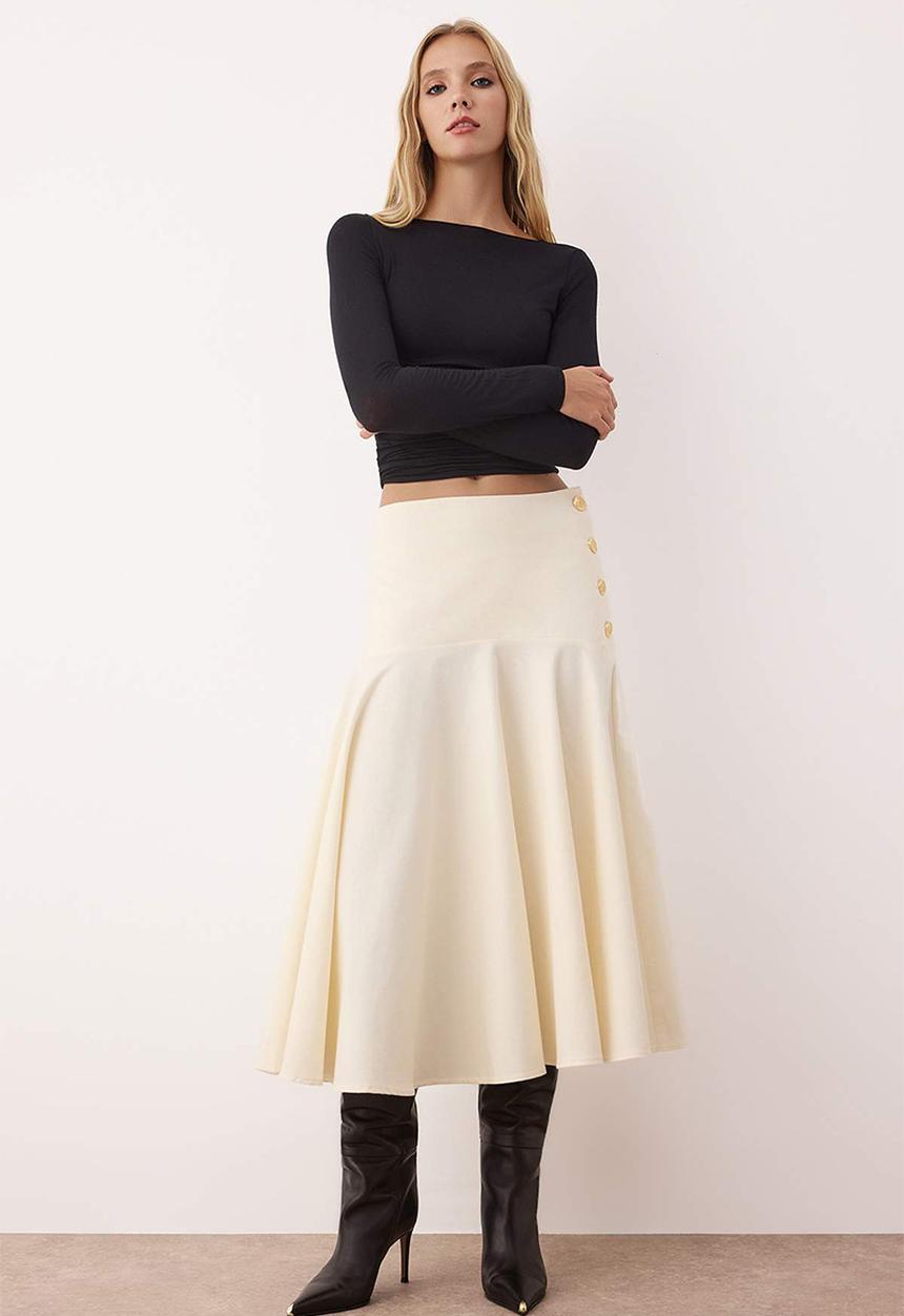 Trendyol - Button Detailed Midi Flared Skirt - Stone
