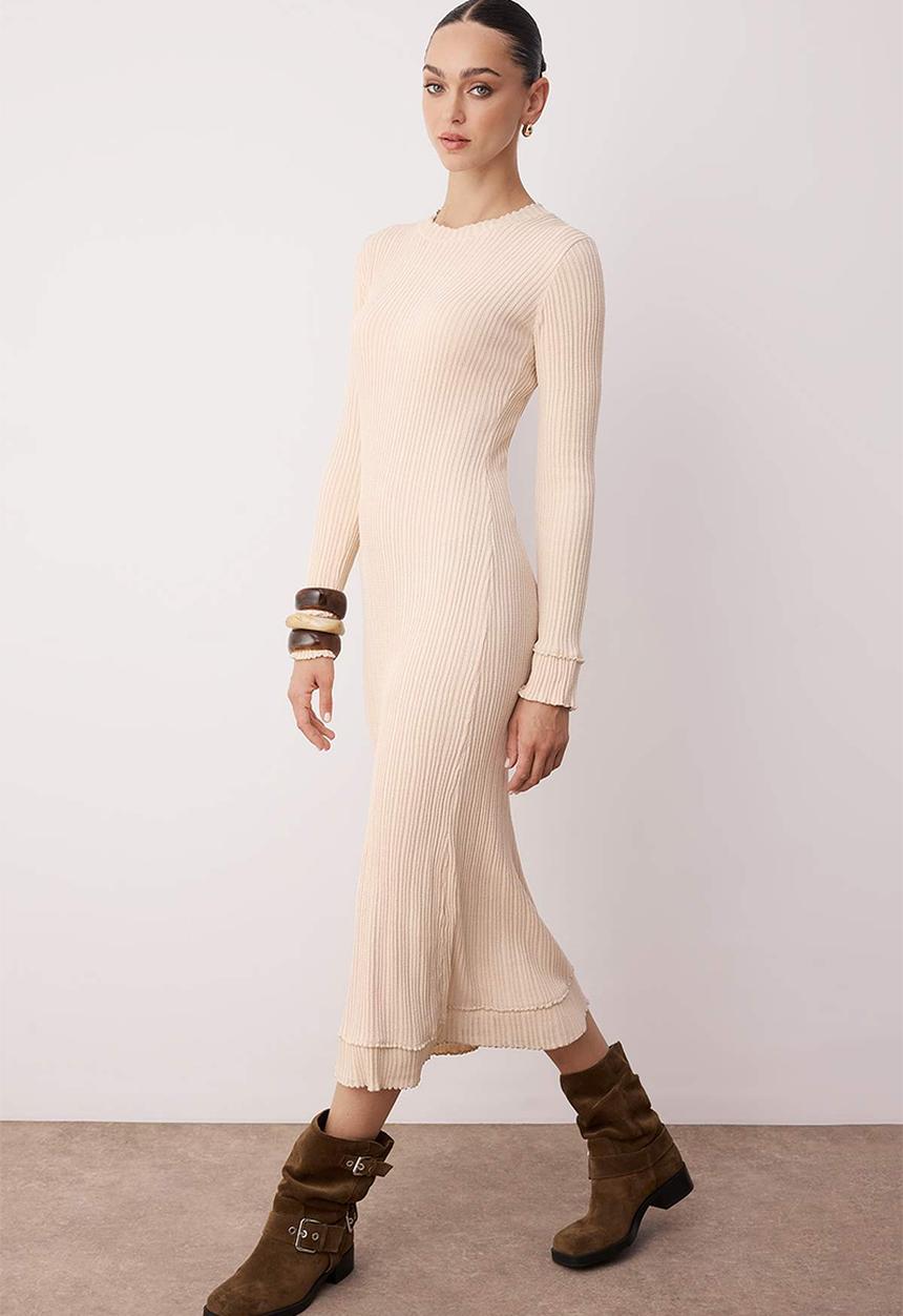 Trendyol - Maxi Ribbed Stand Collar Knitwear Dress - Powder