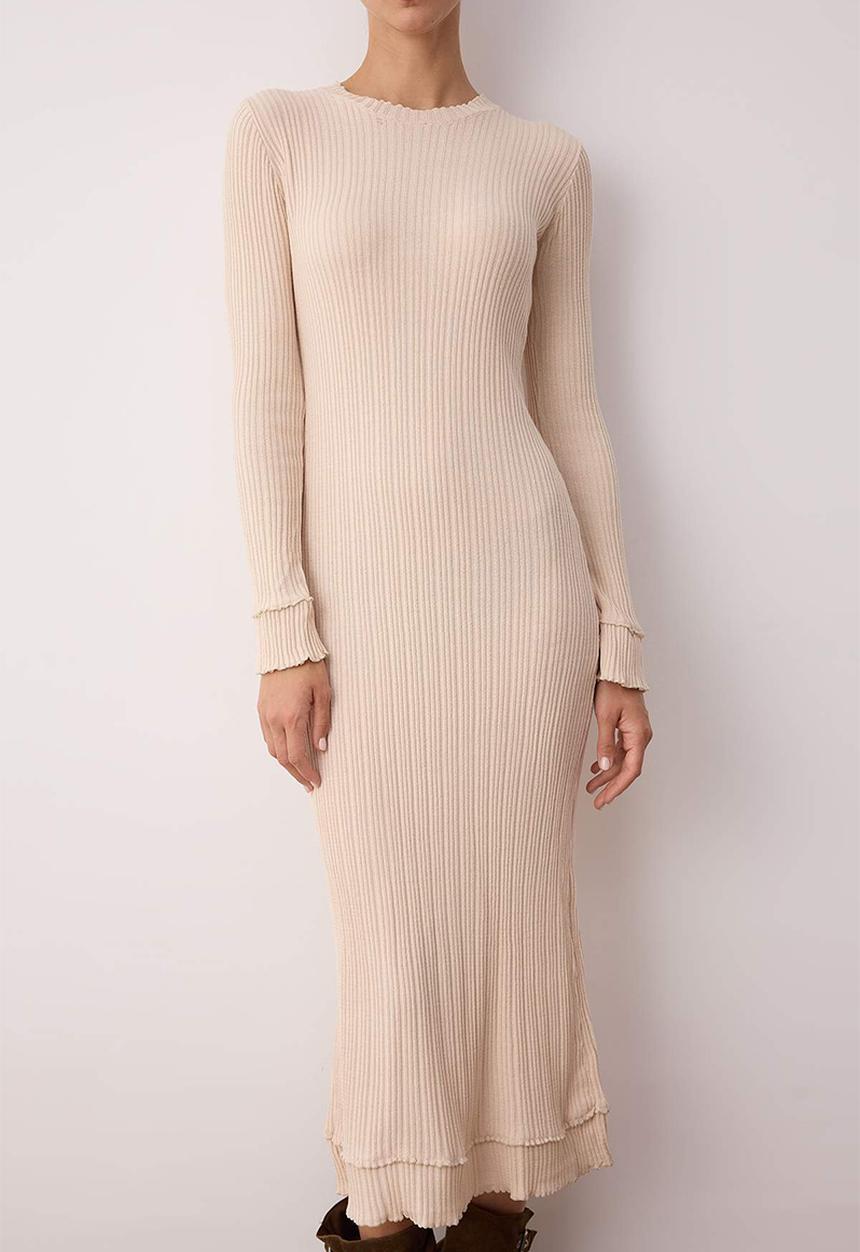 Trendyol - Maxi Ribbed Stand Collar Knitwear Dress - Powder
