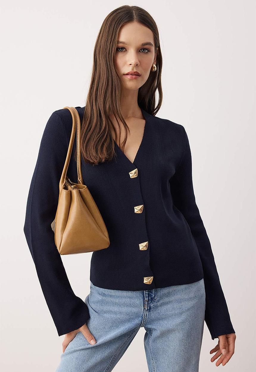 Trendyol - Button Detailed Plain Knitwear Cardigan - Navy Blue