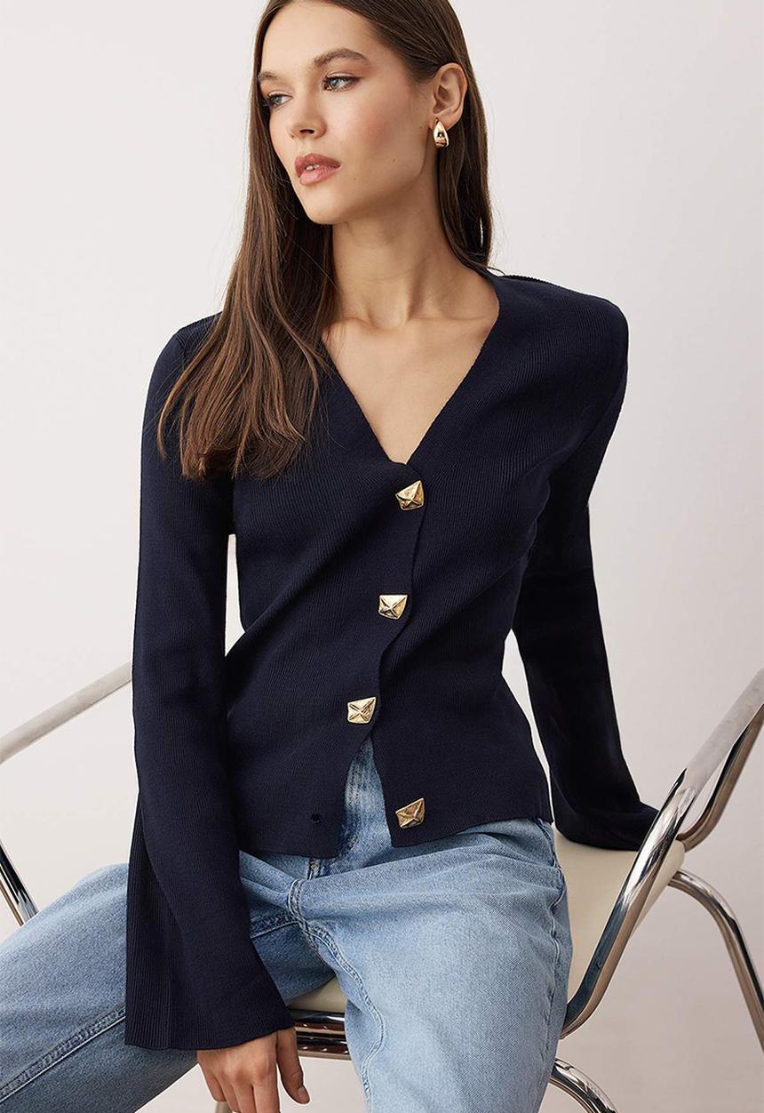 Trendyol - Button Detailed Plain Knitwear Cardigan - Navy Blue