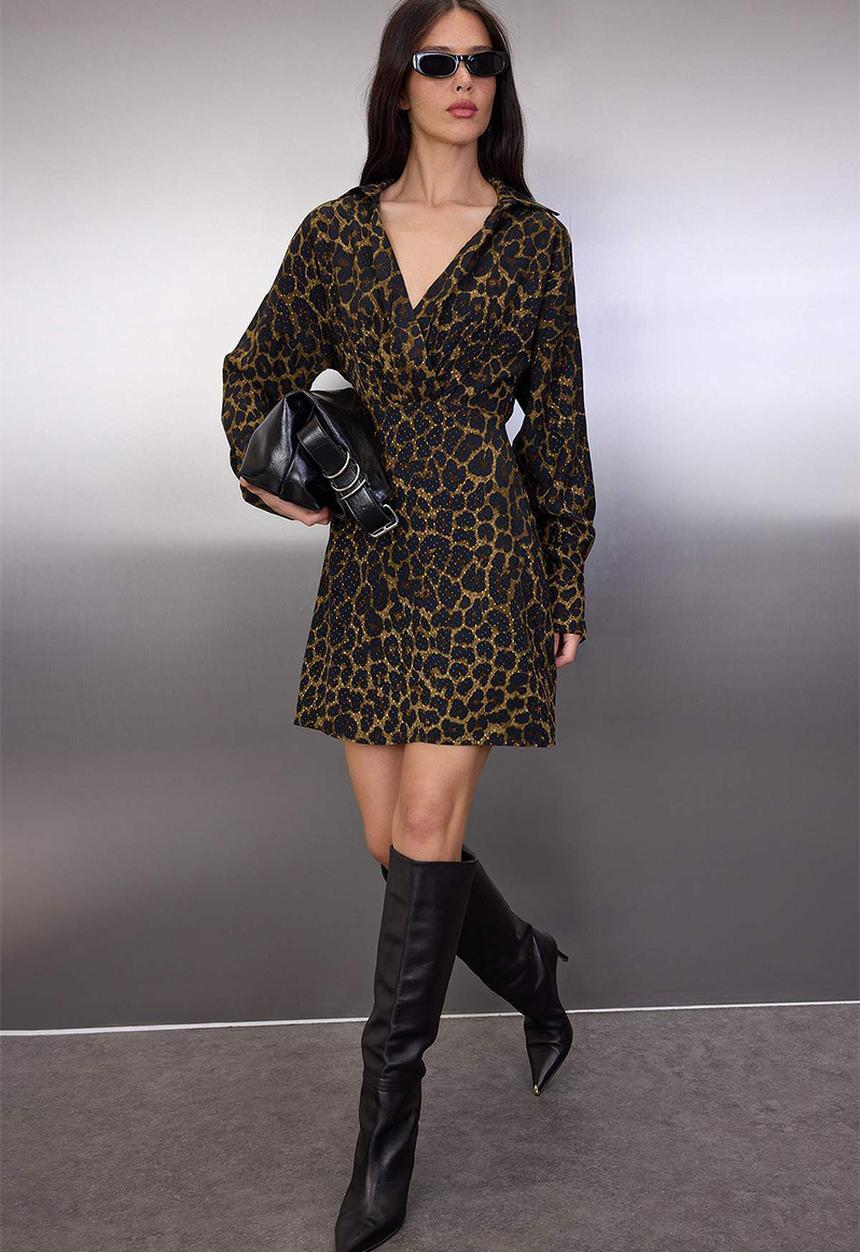 Trendyol - Animal Print Double Breasted Mini Woven Dress - Brown