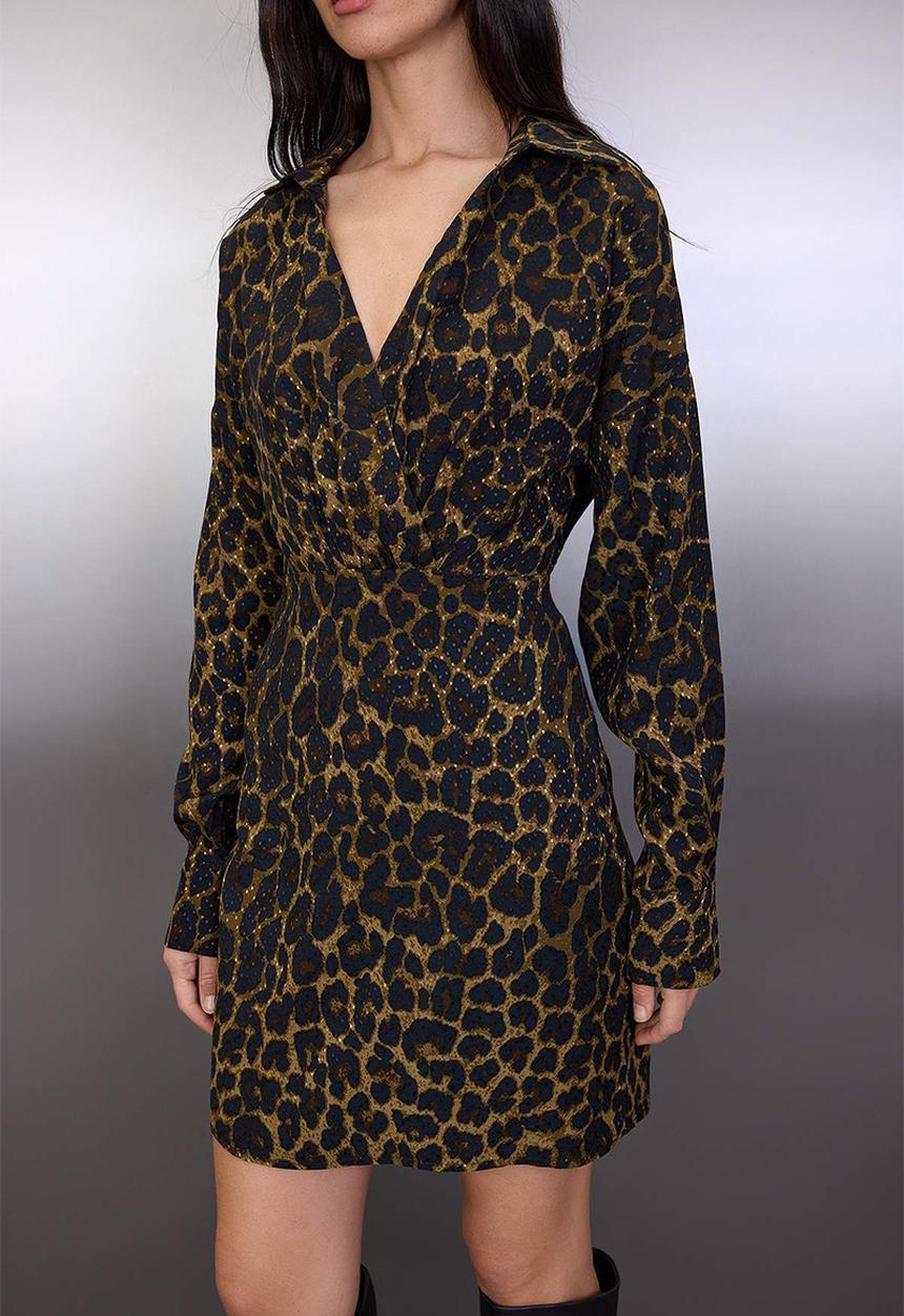 Trendyol - Animal Print Double Breasted Mini Woven Dress - Brown