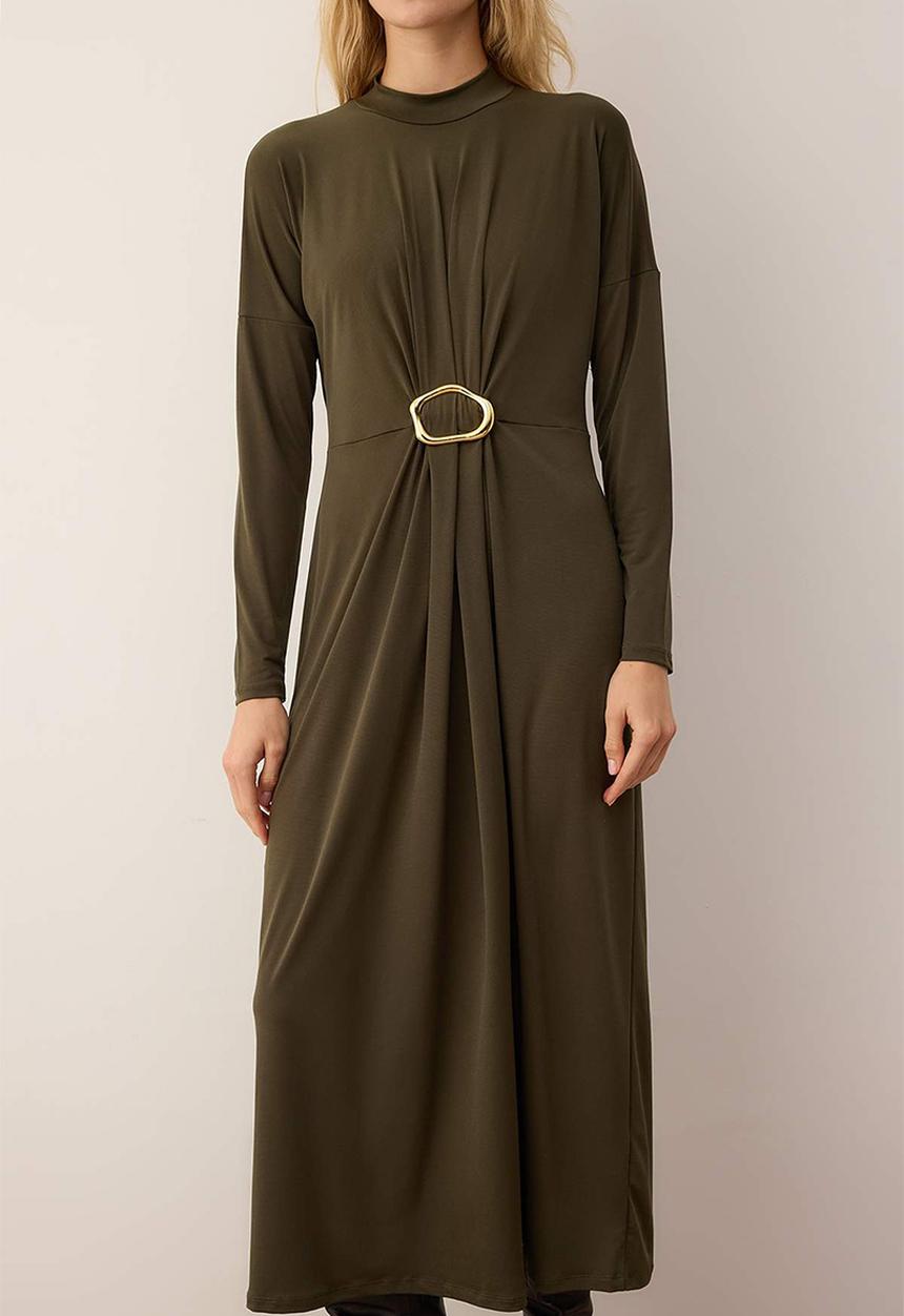 Trendyol - Sandy Knitted Dress with Buckle Detail at Waist - Khaki