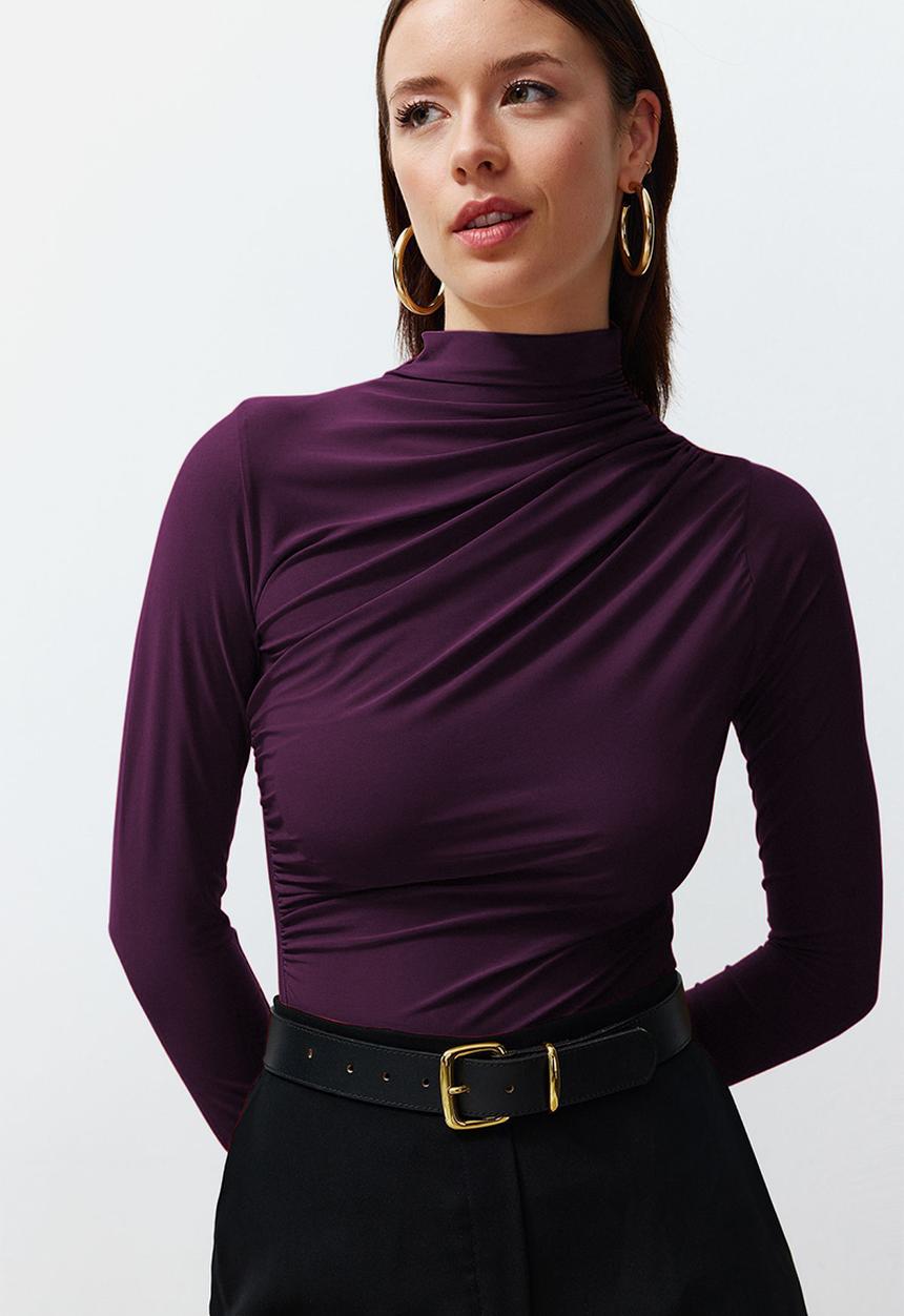 Trendyol - Square Collar Stretch Knitted Blouse - Drawstring, Fitted - Plum