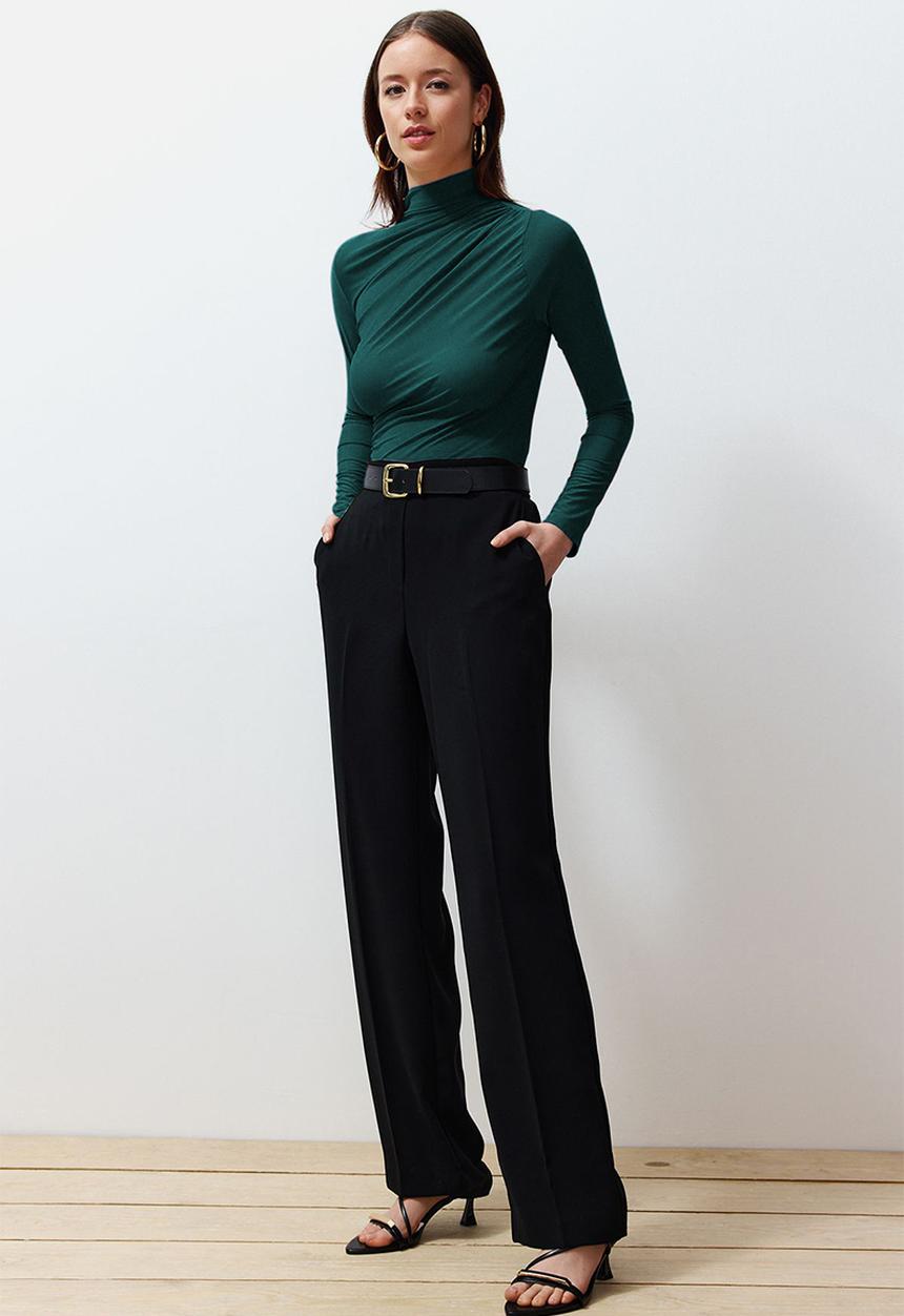 Stretchy Square Neck Drawstring Blouse - Emerald Green