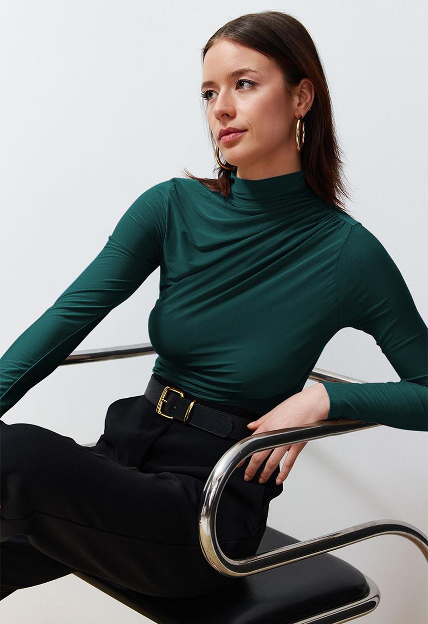 Trendyol - Stretchy Square Neck Drawstring Blouse - Emerald Green