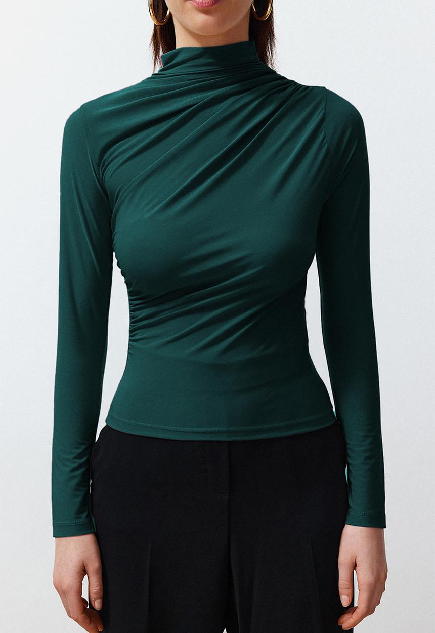Trendyol - Stretchy Square Neck Drawstring Blouse - Emerald Green