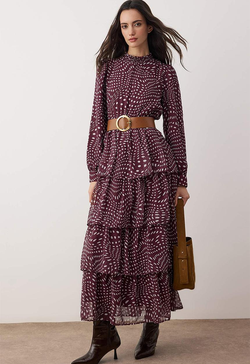 Trendyol - Belted Polka Dot Chiffon Dress - Burgundy