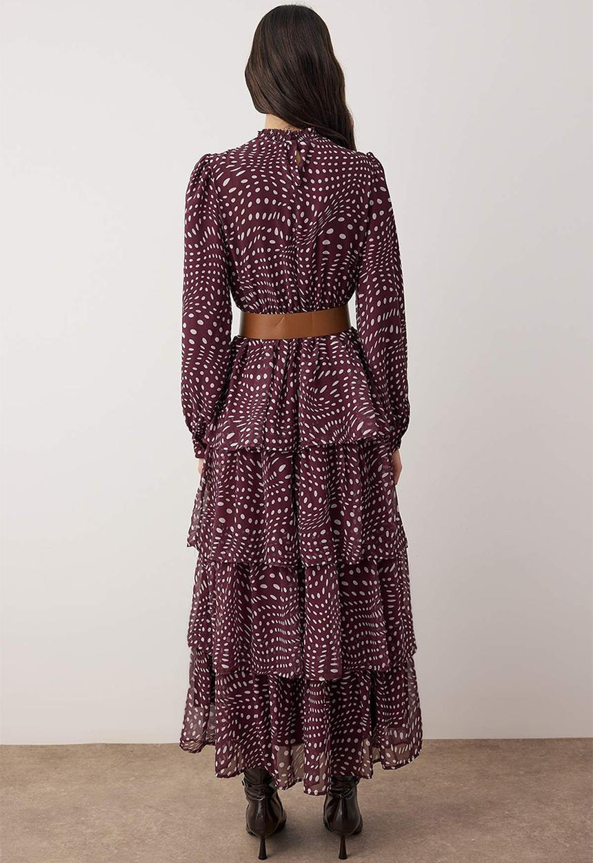 Trendyol - Belted Polka Dot Chiffon Dress - Burgundy
