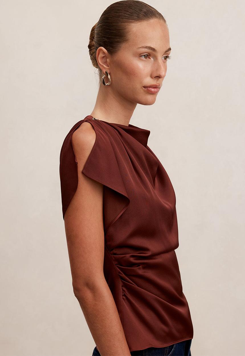 Forever New - Daya drape satin top in deep rust