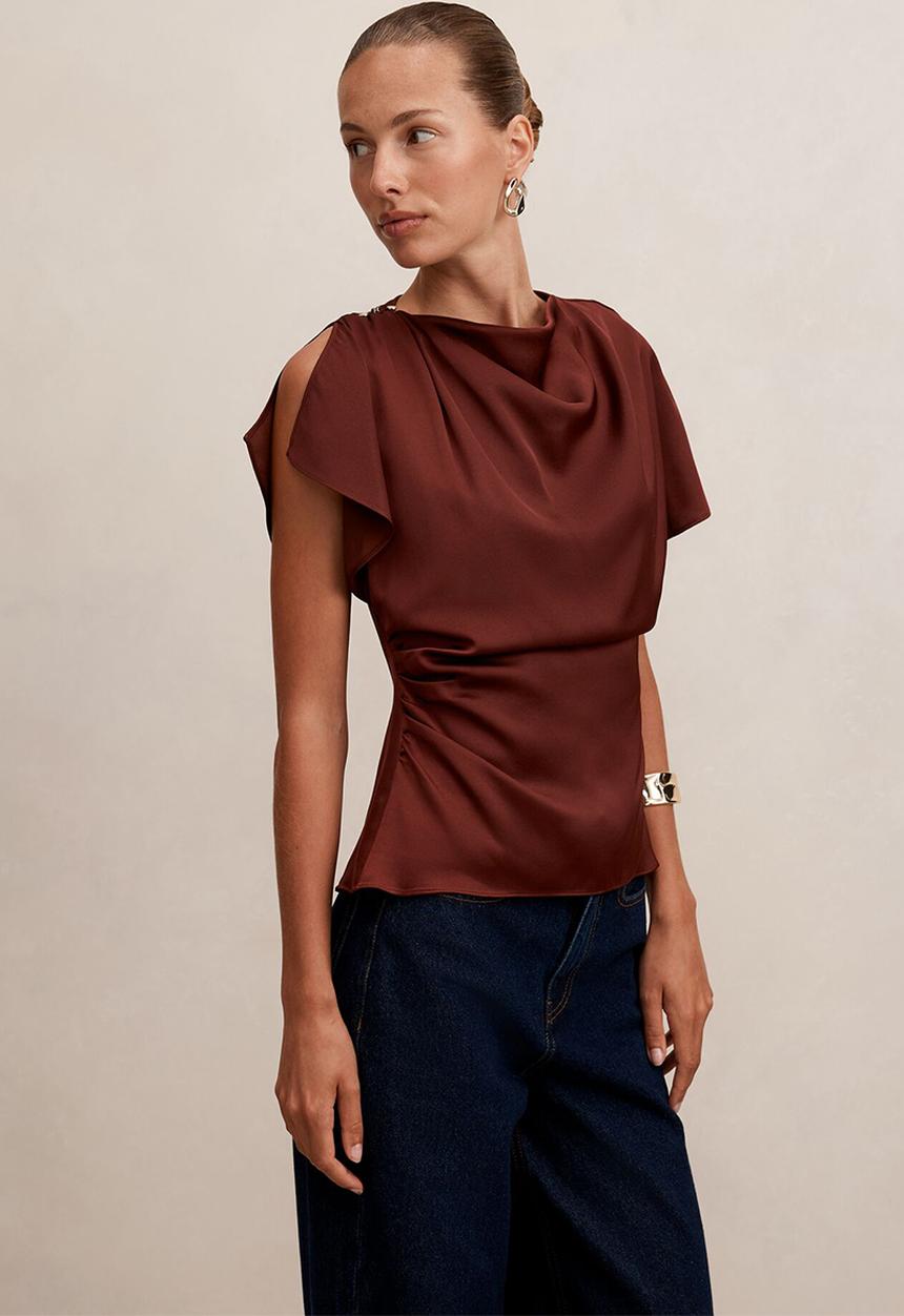 Forever New - Daya drape satin top in deep rust